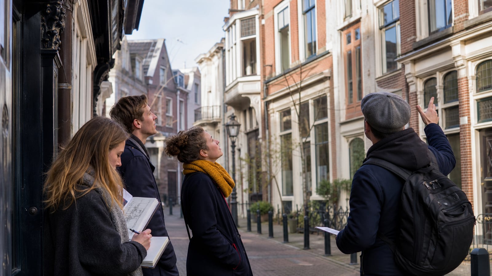 Groep bestudeert geveldetails tijdens een architectuurwandeling
