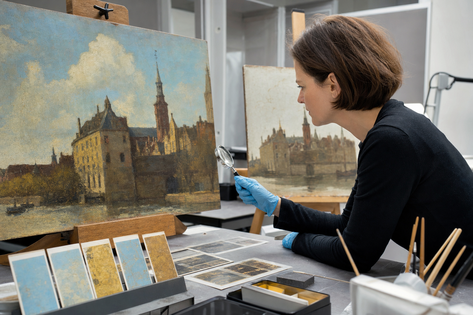Conservator vergelijkt schilderijen en materiaalsporen in een onderzoeksruimte