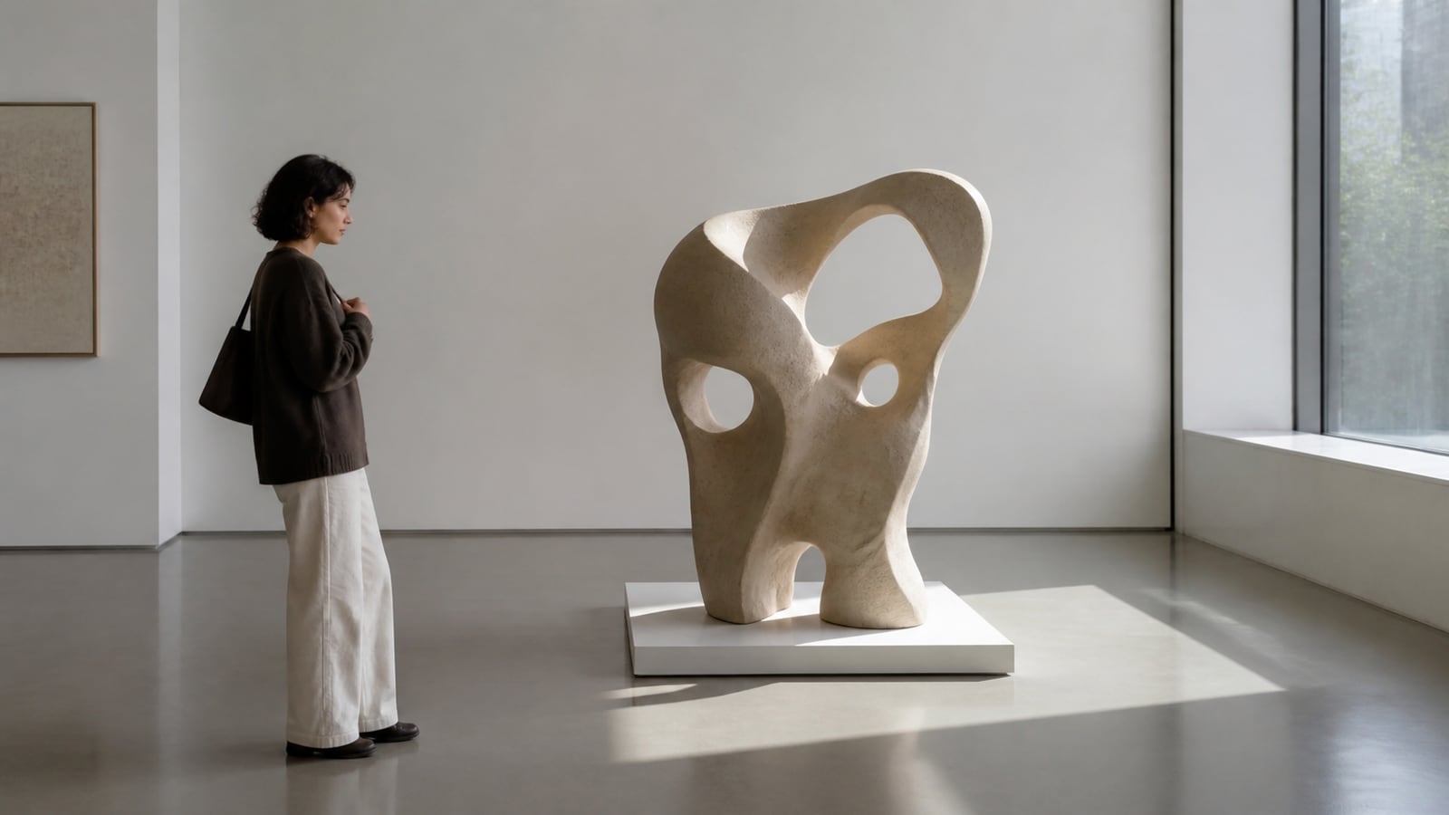 Museumbezoeker bekijkt contouren, openingen en schaduw van een sculptuur