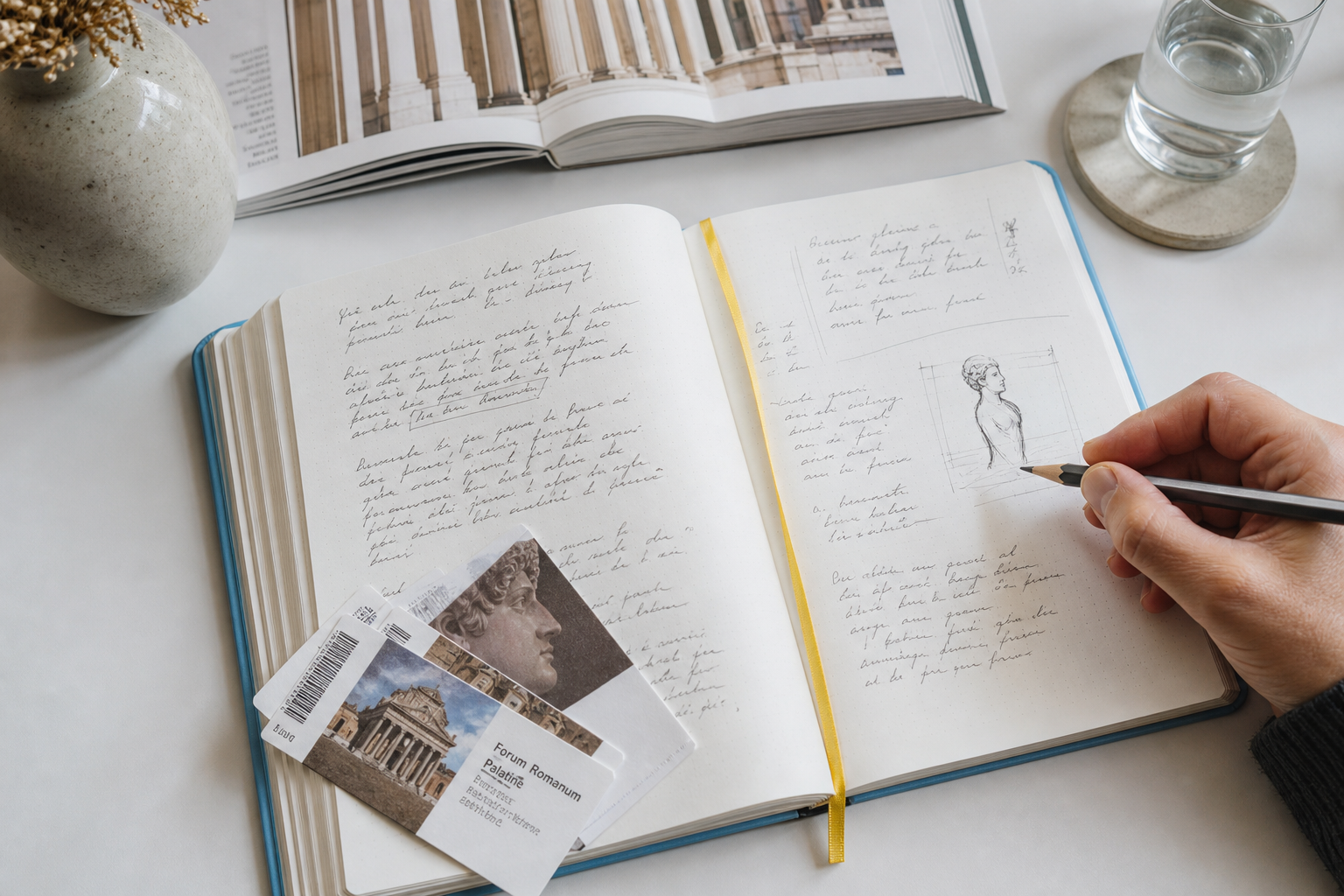Open notitieboek met potlood, kunstboek en kaartjes op een lichte schrijftafel