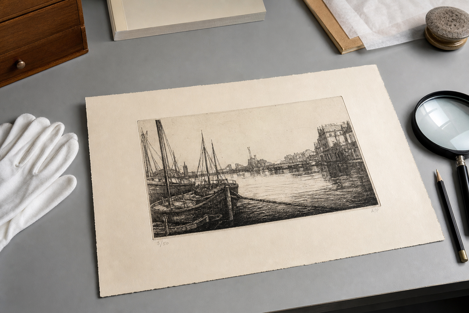 Kunstprent met potloodnotities en editieaanduiding op een werktafel