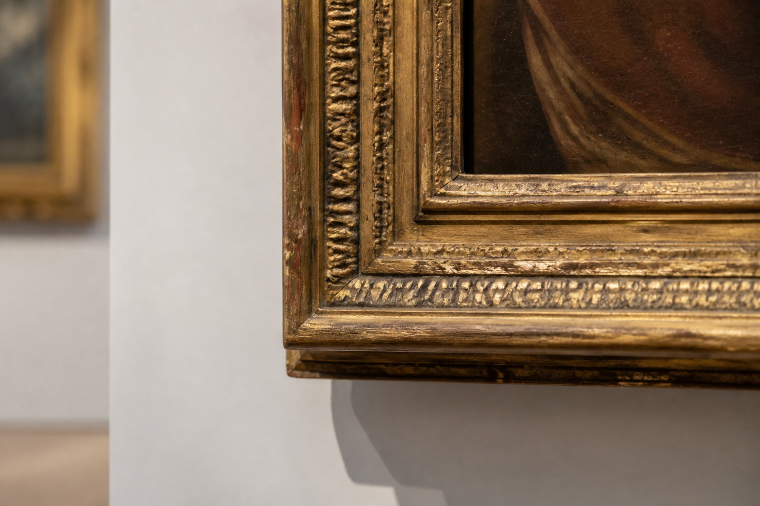 Schilderij in een brede houten lijst bekeken in een rustige museumzaal